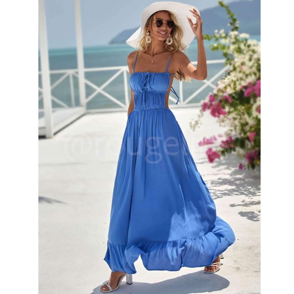 Blue Backless Maxi Dress Flared Tie Straps Ruffle Hem Gathered, Ruched Front - Picture 8 of 12